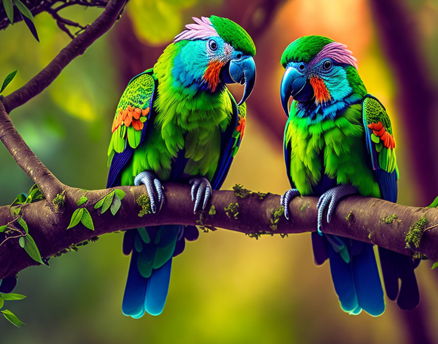 Colorful Parrots Perching on Tree Branch in Vibrant Forest