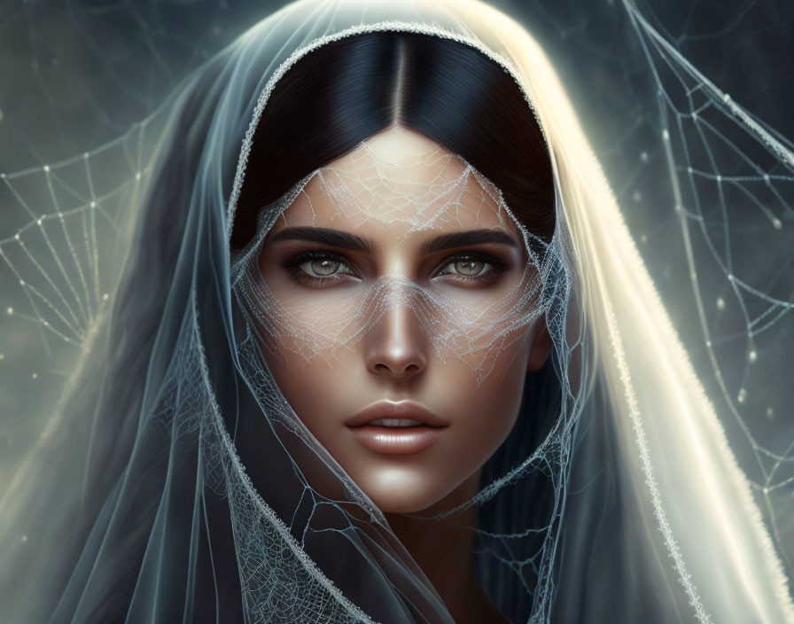 Portrait of woman with blue eyes in spiderweb-like veil