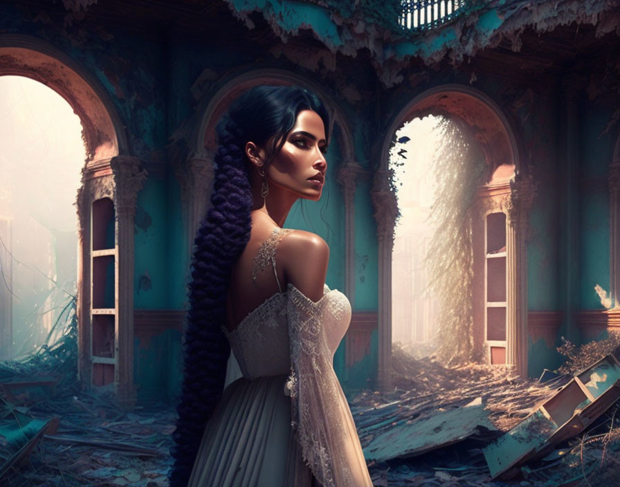 Woman in white dress in decaying room with sunlight through hole