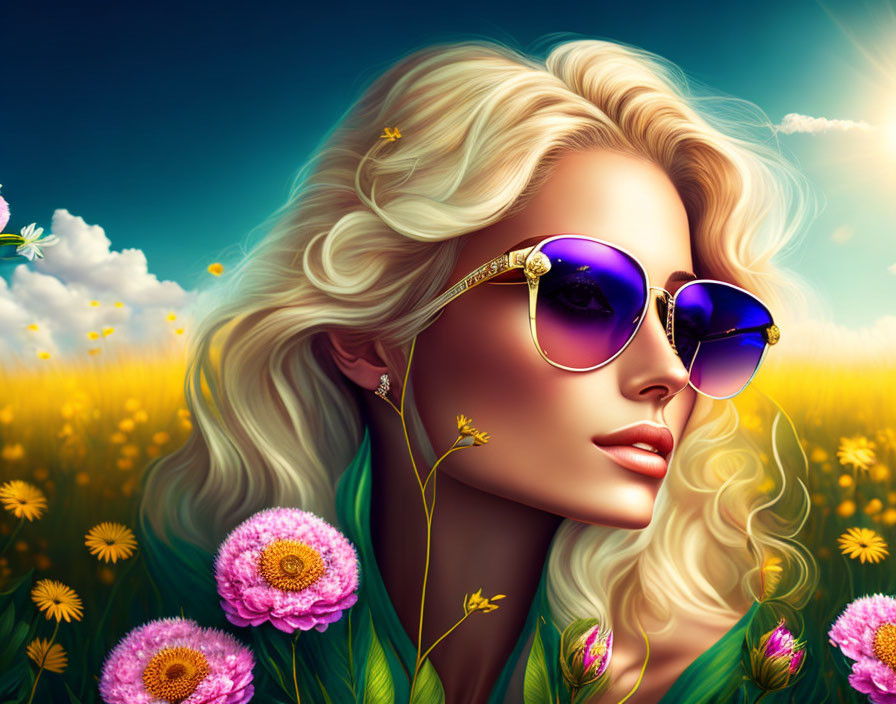 Blonde woman in purple sunglasses in sunny flower field