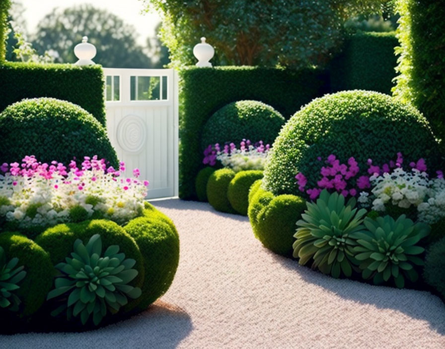 Manicured garden with sculpted hedges, flowering plants, pebbled path, white gate