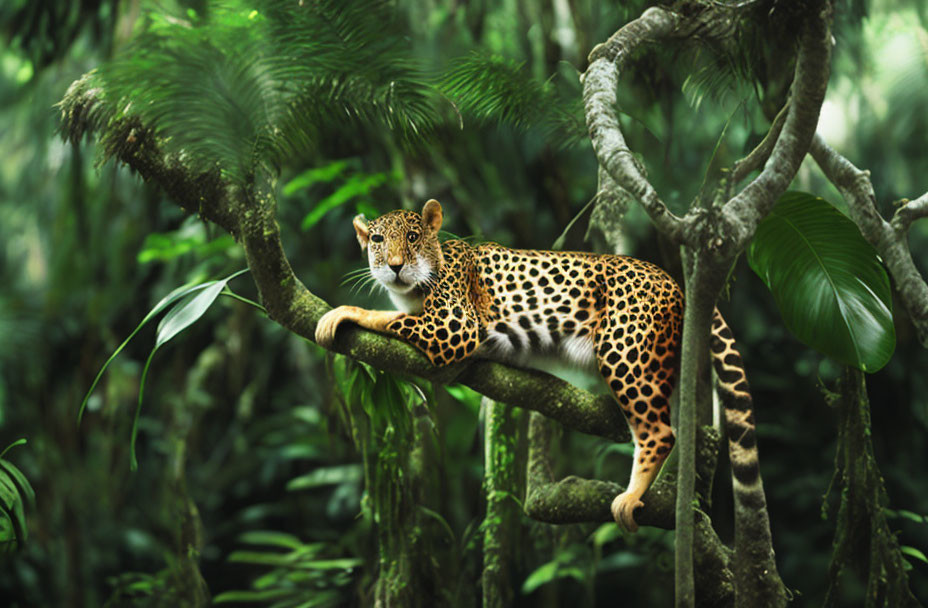 Leopard resting on tree branch in lush forest.