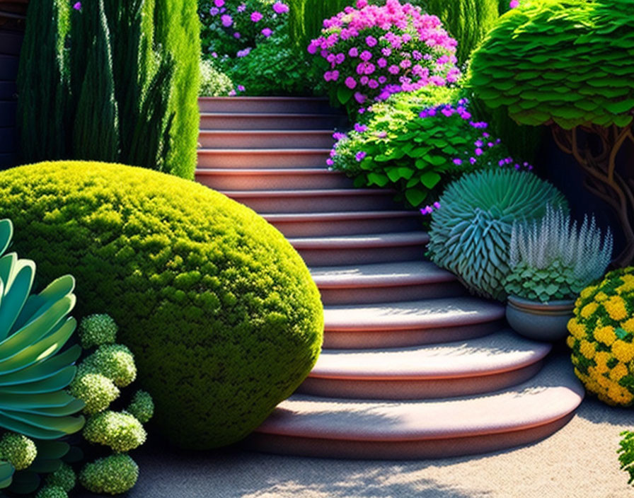 Vibrant garden with colorful plants, staircase, and sculpted shrubbery