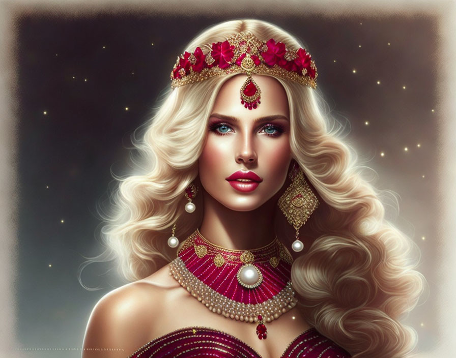 Blonde woman in golden tiara with ruby jewelry on starry background