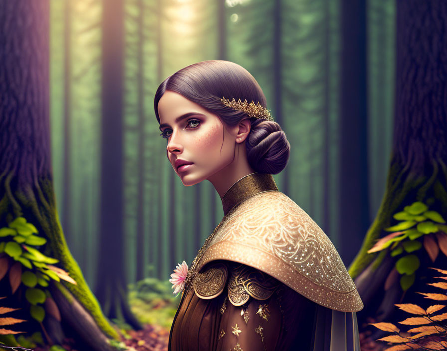 Fantasy digital artwork: woman with golden headdress in enchanted forest