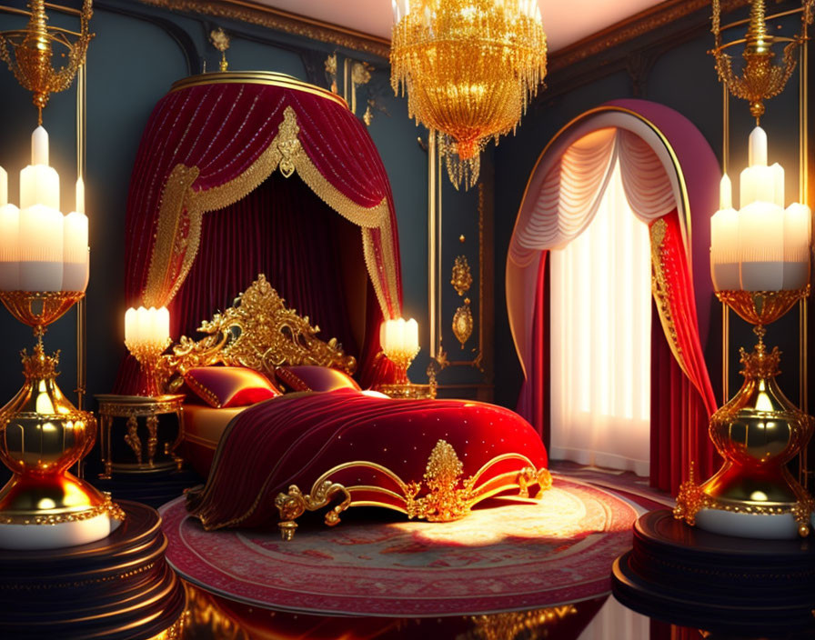 Luxurious Bedroom with Golden Bed, Red Drapery, and Candelabras