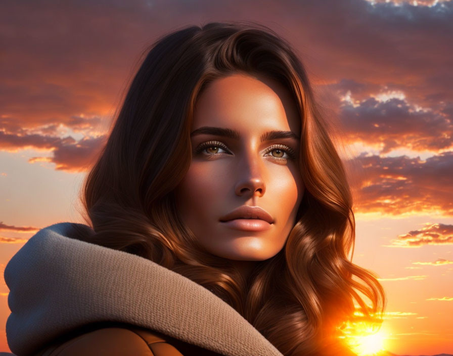 Woman with flowing hair in sunset sky, wrapped in cozy shawl