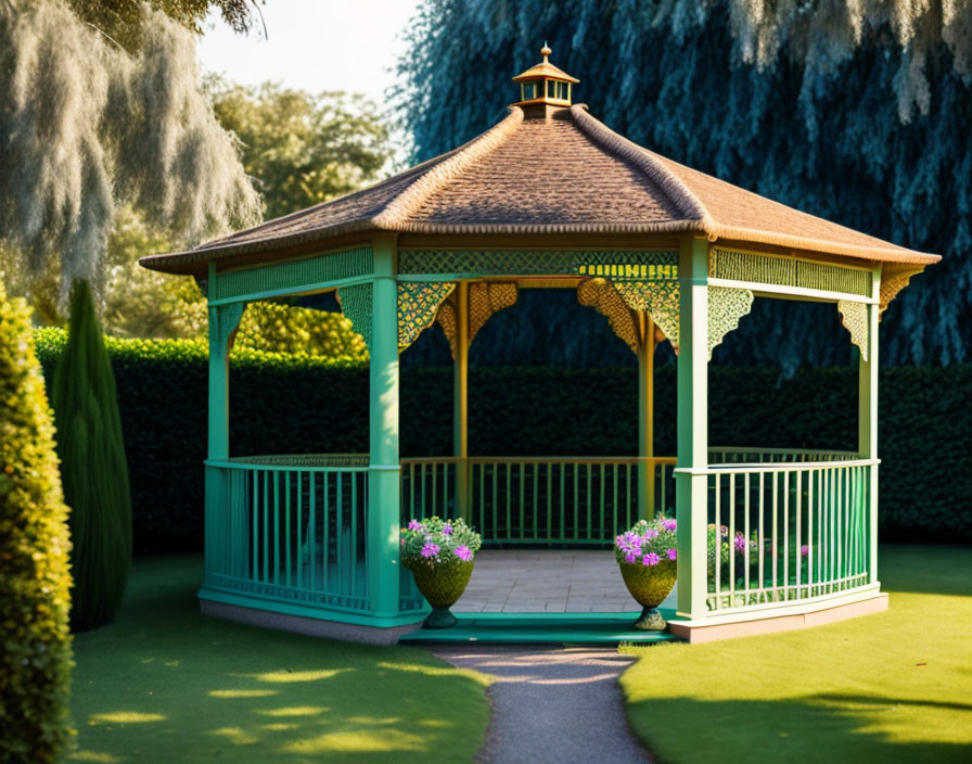 Green Wooden Gazebo in Serene Garden Setting