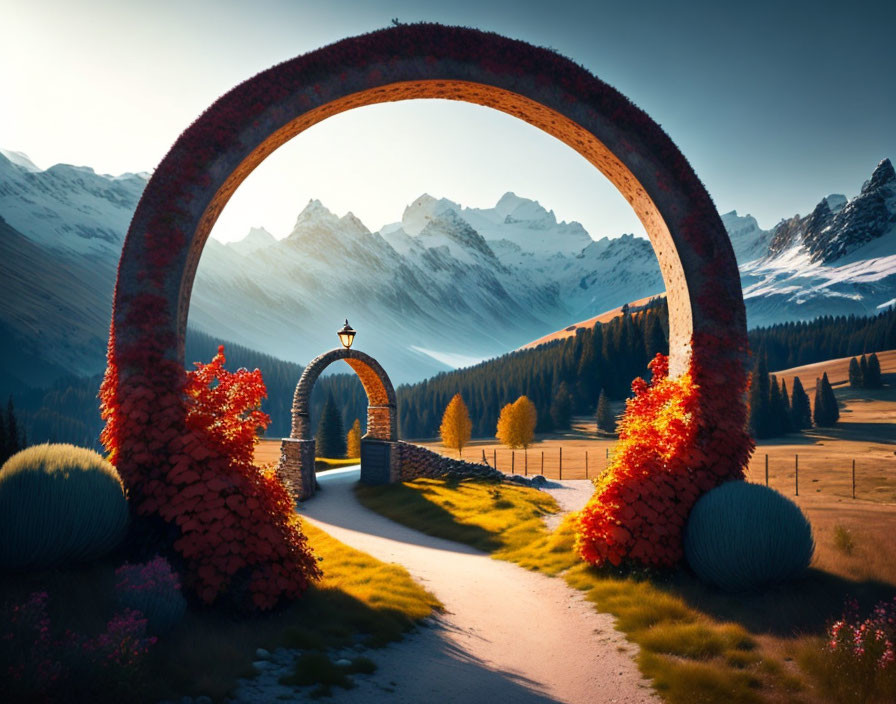 Scenic archway with orange foliage in idyllic valley and snow-capped mountains