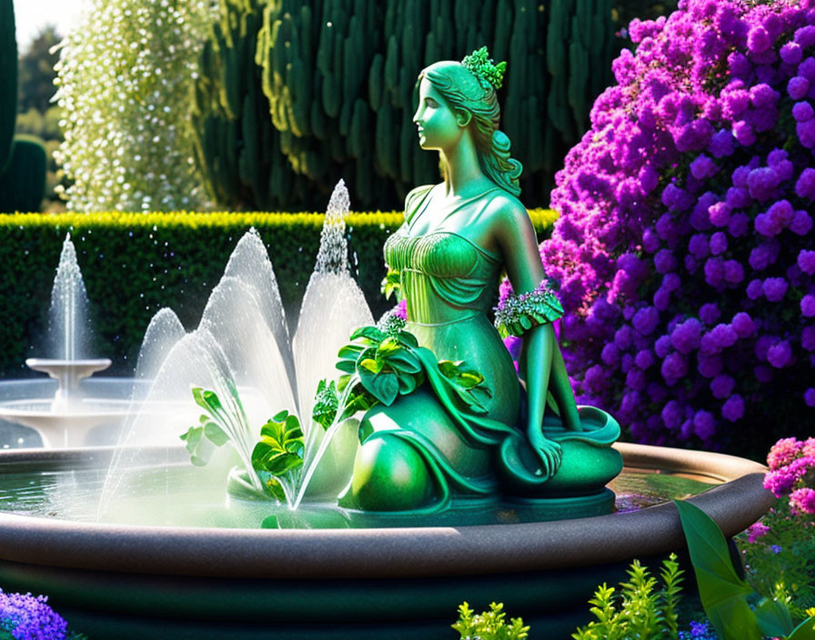 Colorful garden with green statue and fountain surrounded by flowers