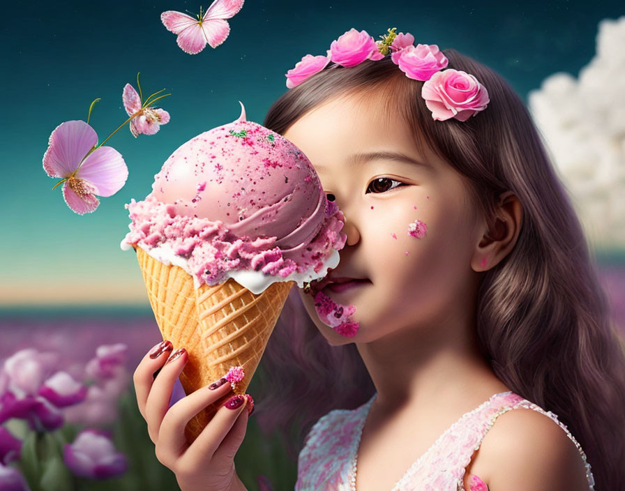 Young girl with floral hair decorations, butterfly, ice cream, and lush flowers.