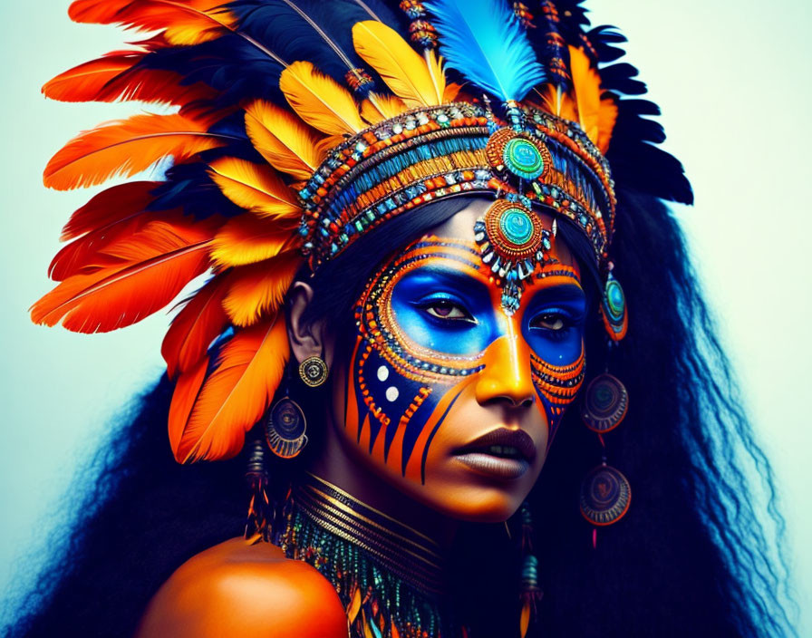 Vibrant tribal face paint and feathered headdress in orange and blue on blue background