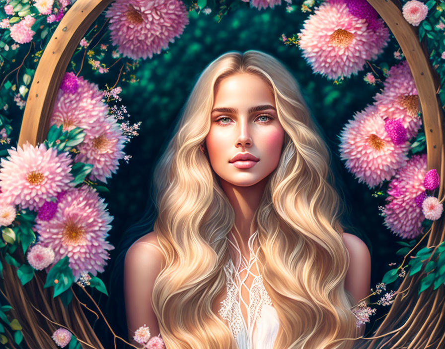 Blonde woman digital portrait with blue eyes and floral archway