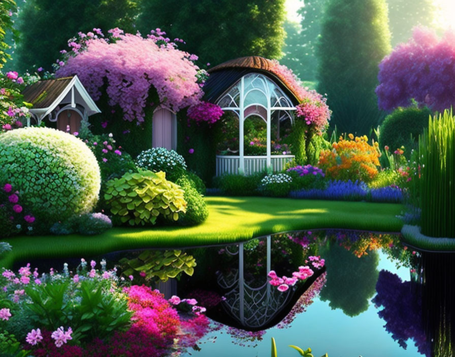 Tranquil garden with gazebo, pond, and blossoming trees