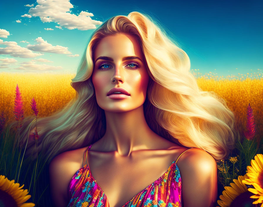 Blonde woman digital illustration in colorful dress among sunflowers