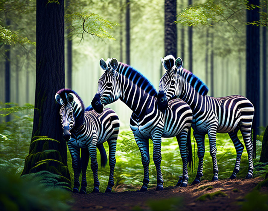 Zebras in lush green forest with sunlight filtering through canopy