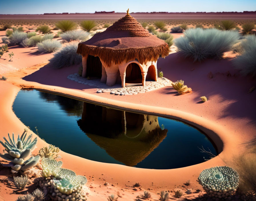 Thatched hut oasis in desert landscape