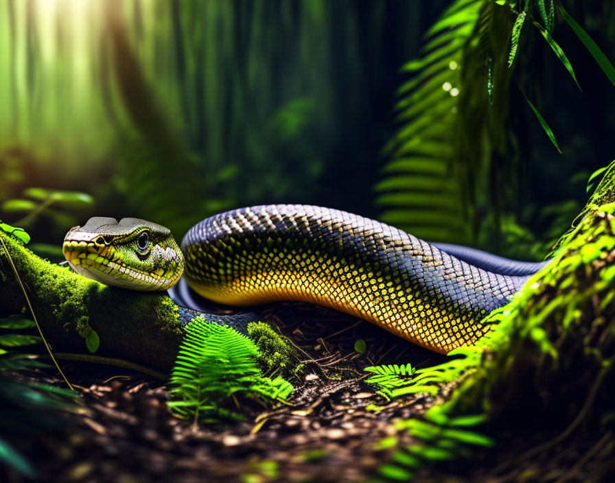 Colorful snake moving in lush forest with glistening scales