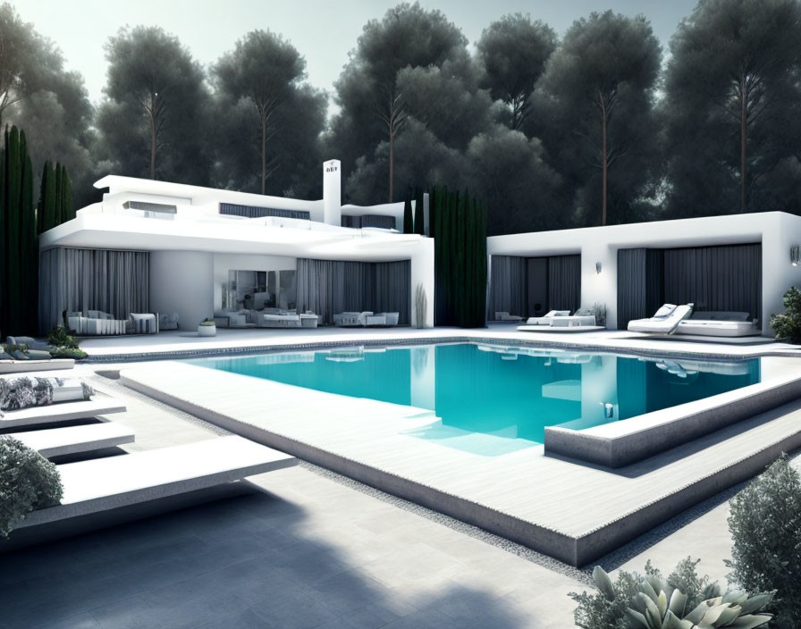 Luxurious modern house with large pool and sleek white architecture.