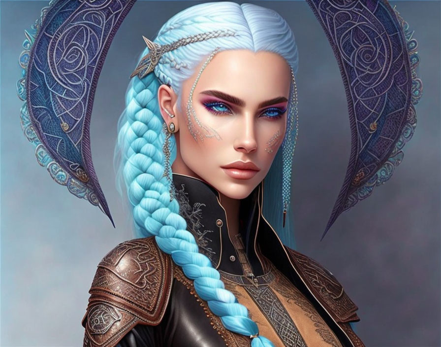 Fantasy digital artwork: Blue-haired woman in leather armor