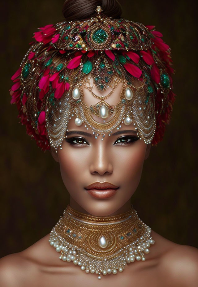 Colorful Jeweled Headdress and Pearl Jewelry Portrait