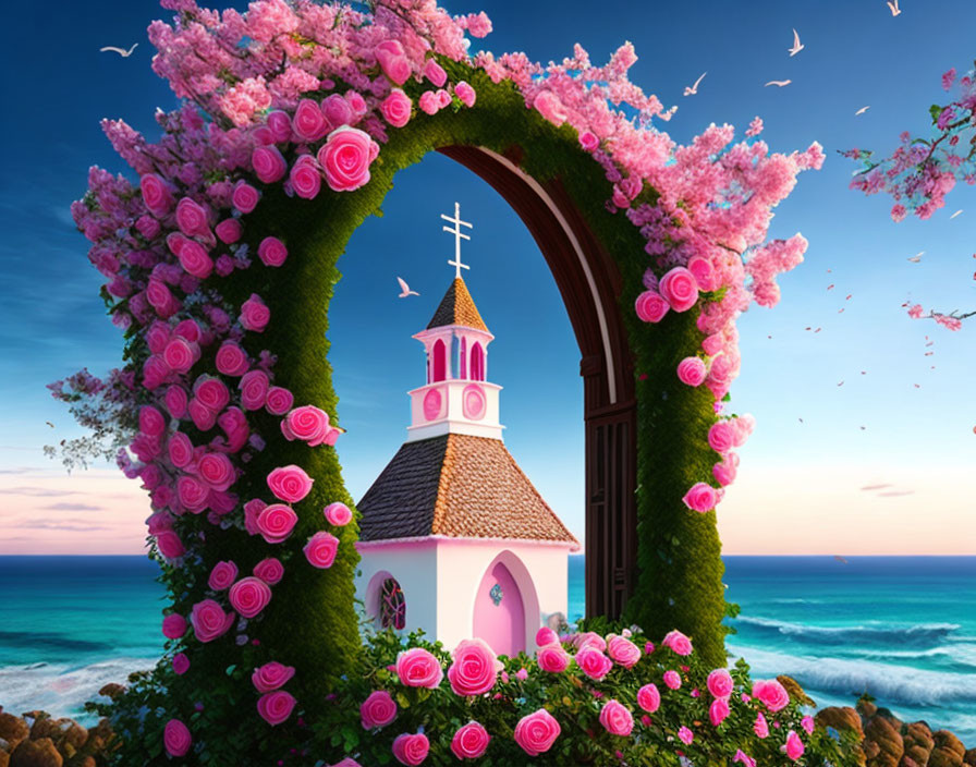 Floral archway leading to white chapel by the sea