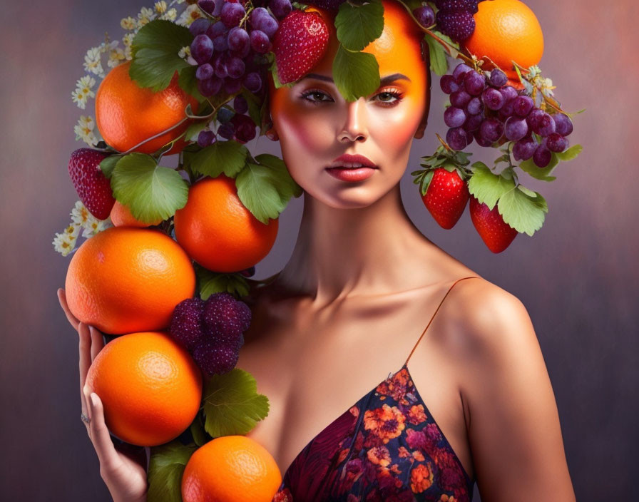 Woman wearing vibrant fruit headpiece on moody backdrop