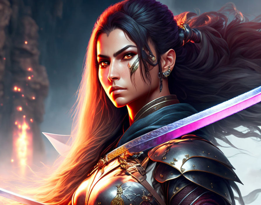 Animated female warrior with glowing sword and dark hair in intricate armor against fiery backdrop