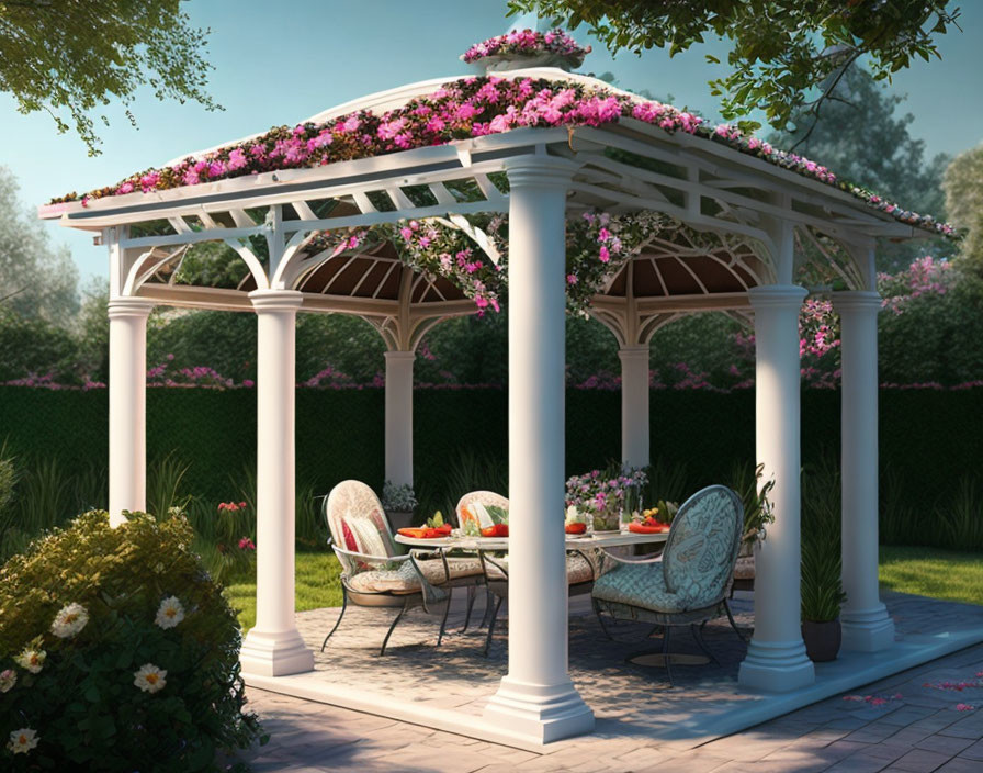 White Garden Gazebo with Pink Flowers and Patio Furniture in Lush Setting