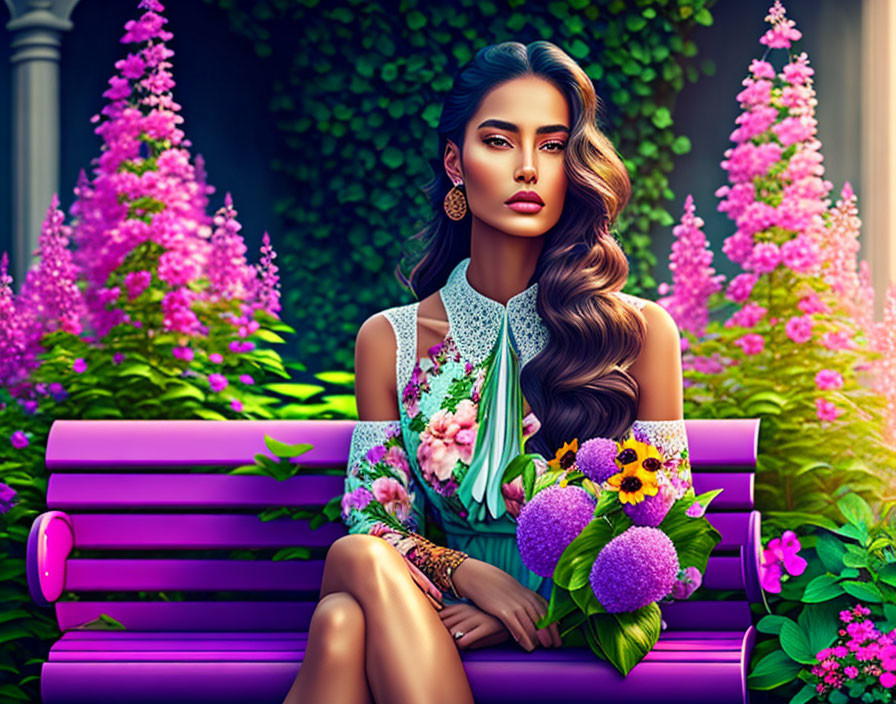 Illustrated woman with long hair on purple bench in vibrant garden