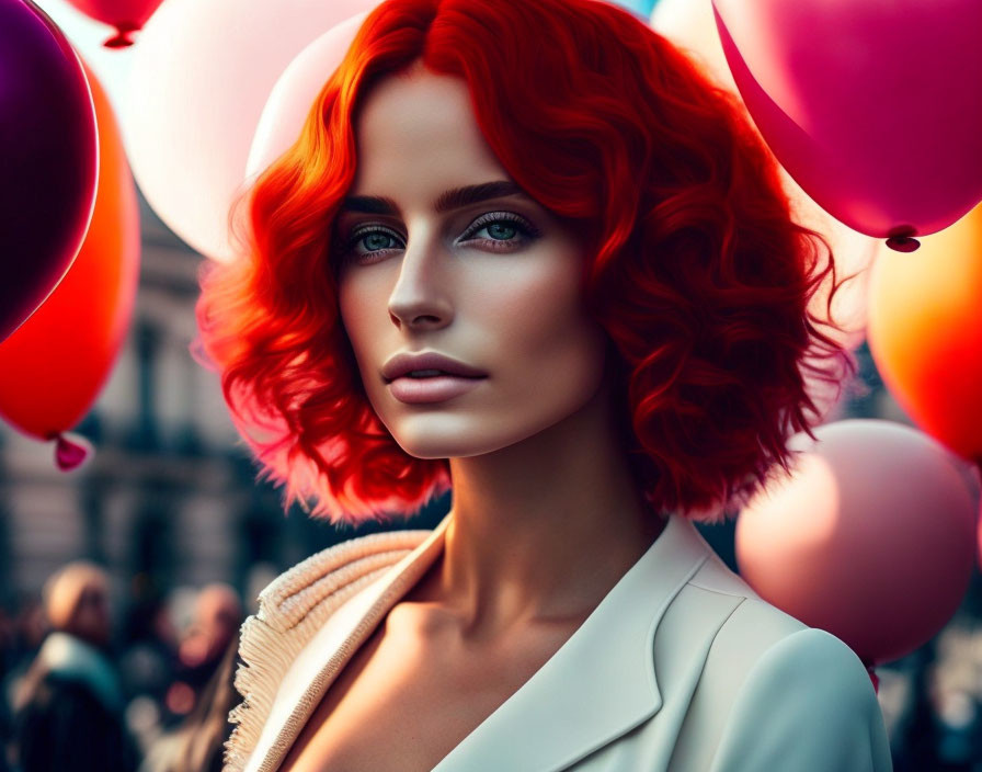 Bright red hair woman with green eyes in white outfit surrounded by colorful balloons.