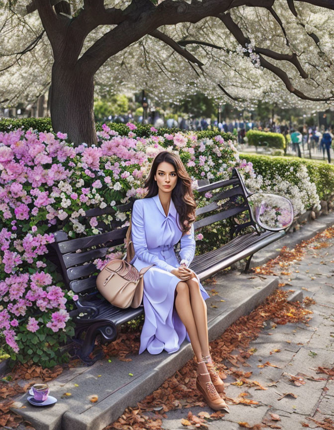 Woman in Lavender Dress Surrounded by Pink Flowers and Tea Set on Park Bench