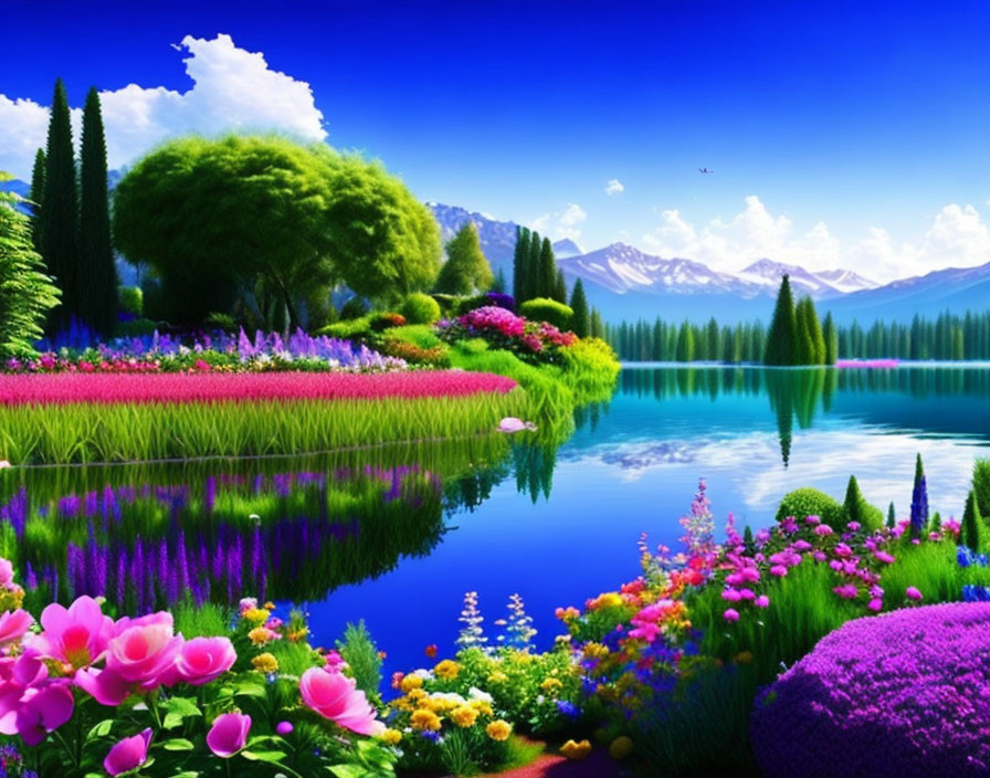 Colorful Flower Landscape with Lake, Mountains, Trees, and Blue Sky