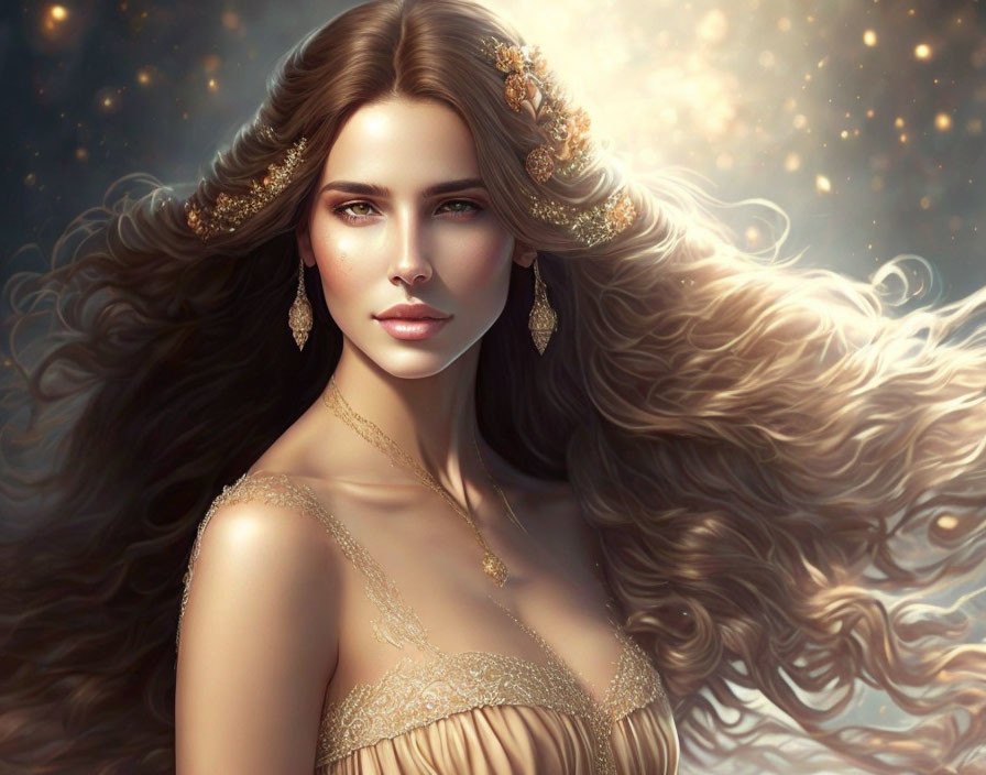 Woman's digital portrait with flowing hair and golden accessories on sparkling backdrop