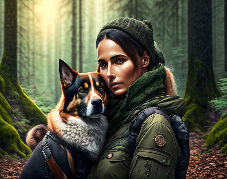 Woman in outdoor attire embraces tricolor dog in lush forest