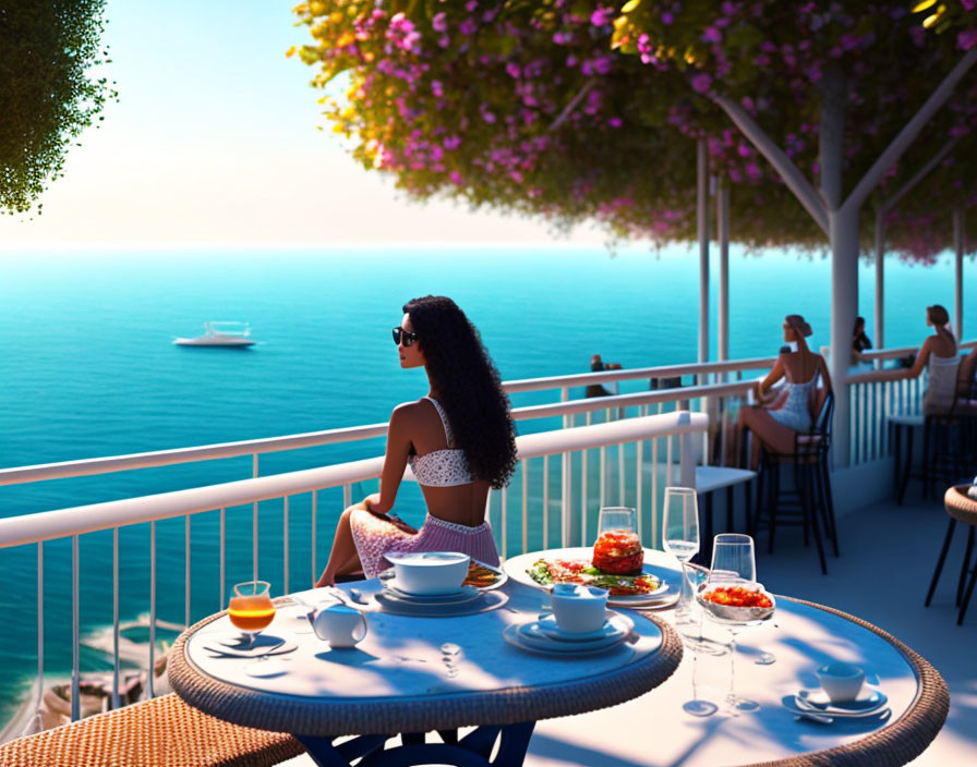 Woman dining on balcony overlooking coastal view with boats sailing on blue sea.