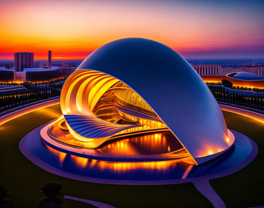 Modern building with ribbon-like design under vibrant sunset sky.