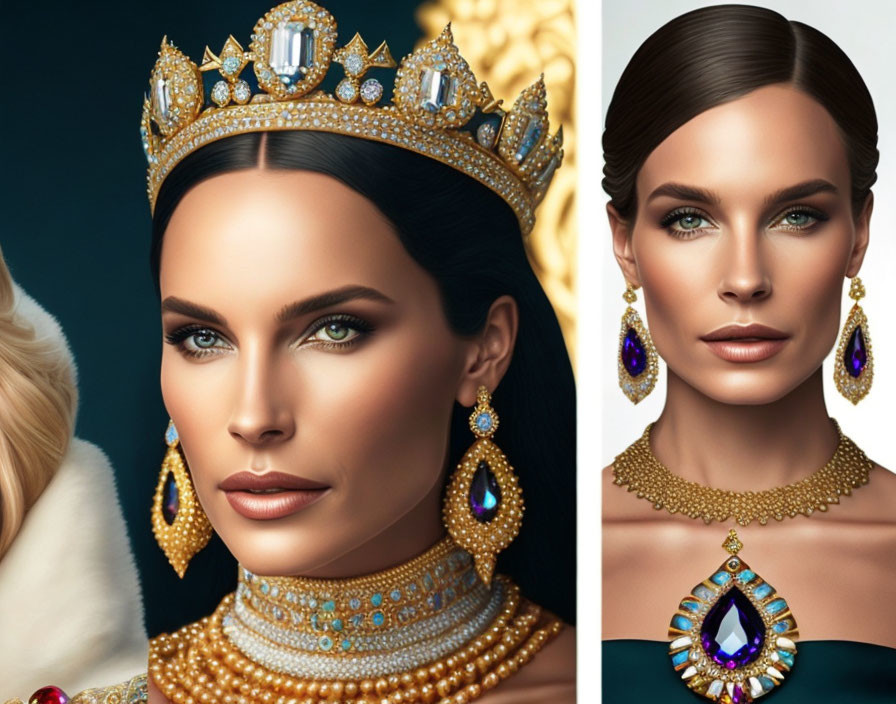 Woman's Portrait with Crown and Sapphire Jewelry: Regal and Luxurious