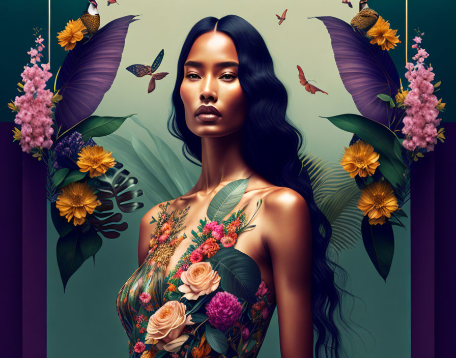 Serene woman amidst vibrant flowers, plants, and hummingbirds