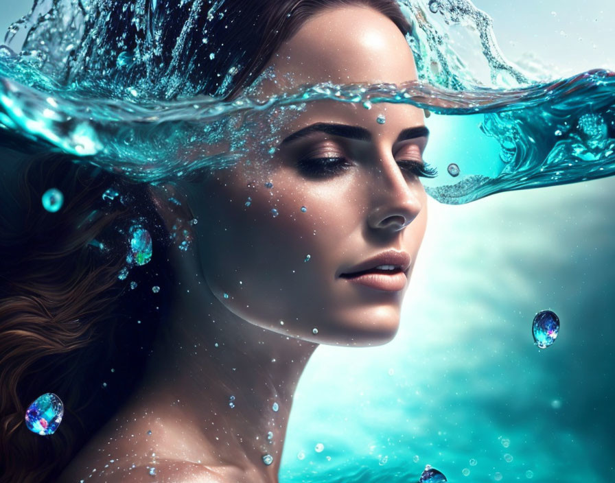 Profile of a serene woman with flowing hair in blue water with splashes and gemstones.