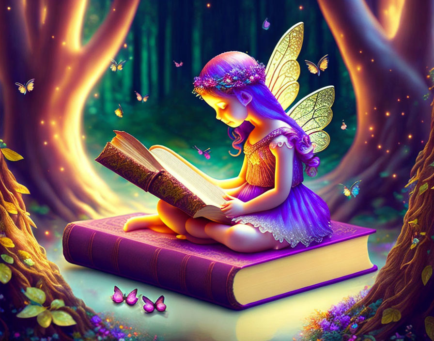 Fairy with purple wings reading book in enchanted forest