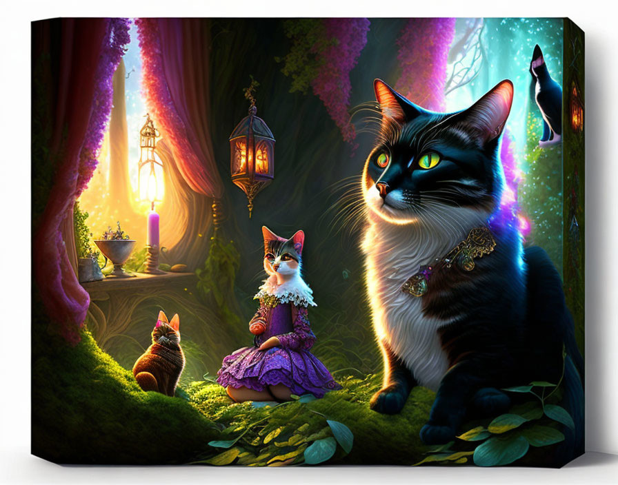 Whimsical painting of a black and white cat with blue eyes in enchanted forest