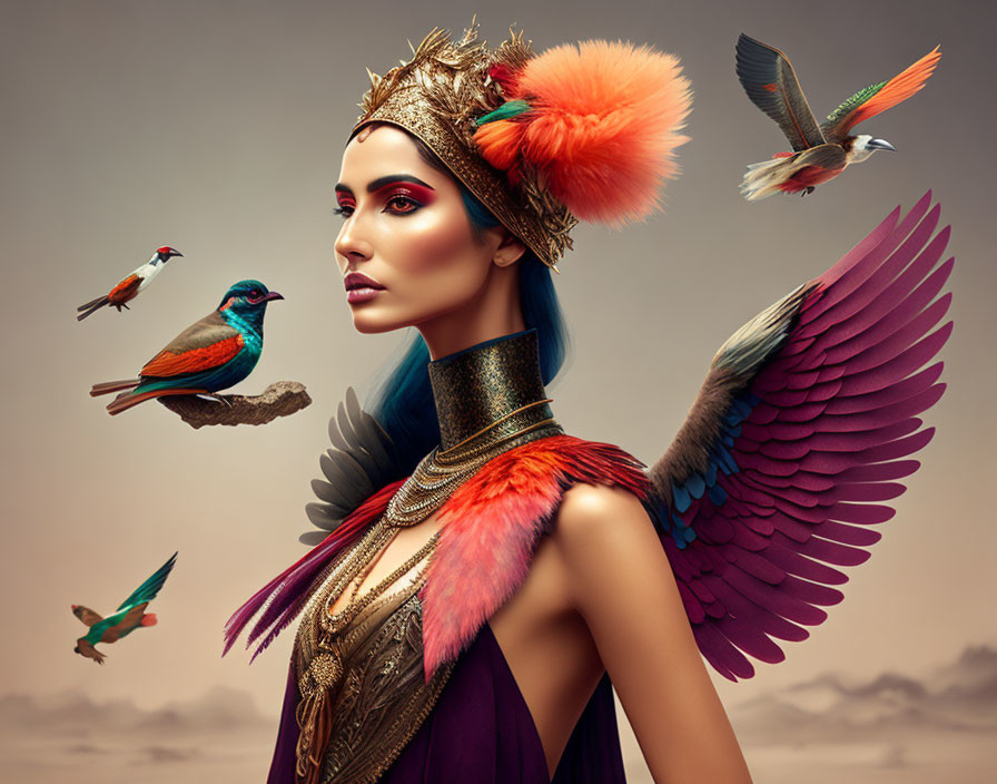 Fantasy-style portrait featuring woman with avian-themed makeup and attire