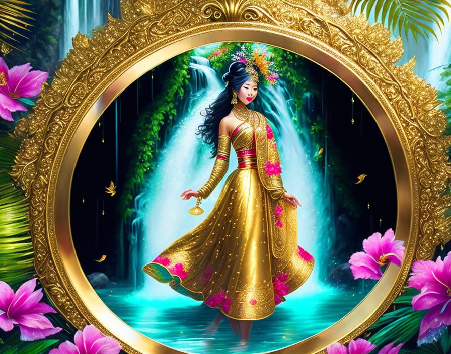 Golden frame surrounds mystical woman in traditional dress amidst lush greenery, waterfalls, and vibrant flowers