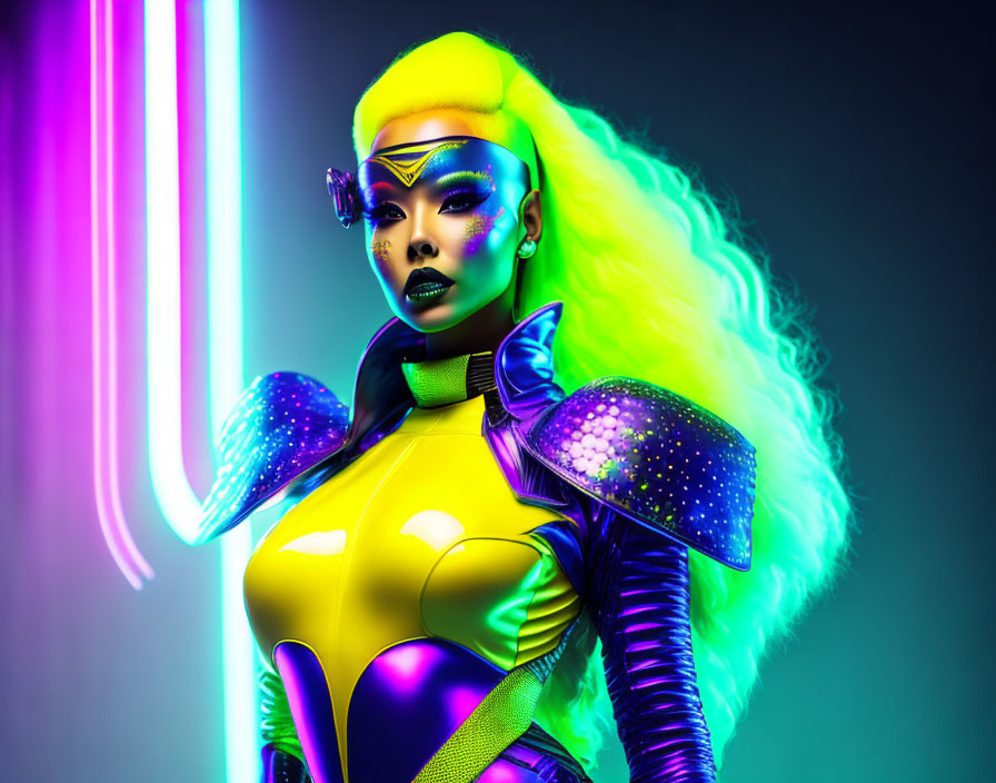 Colorful futuristic cosplay portrait with neon makeup and green wig