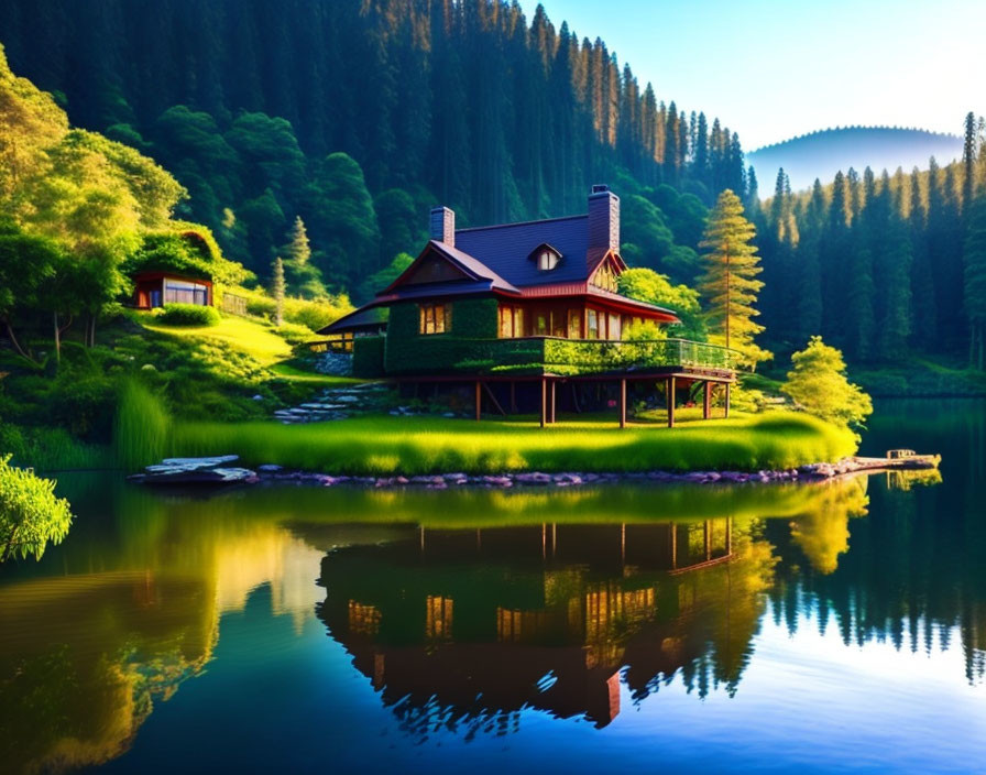 Tranquil lakeside scene with cozy house and lush greenery