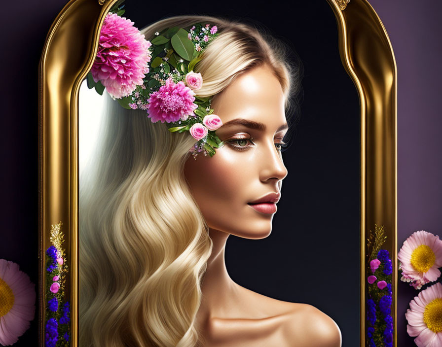 Digital portrait of woman with flowers in hair under golden arch on purple backdrop