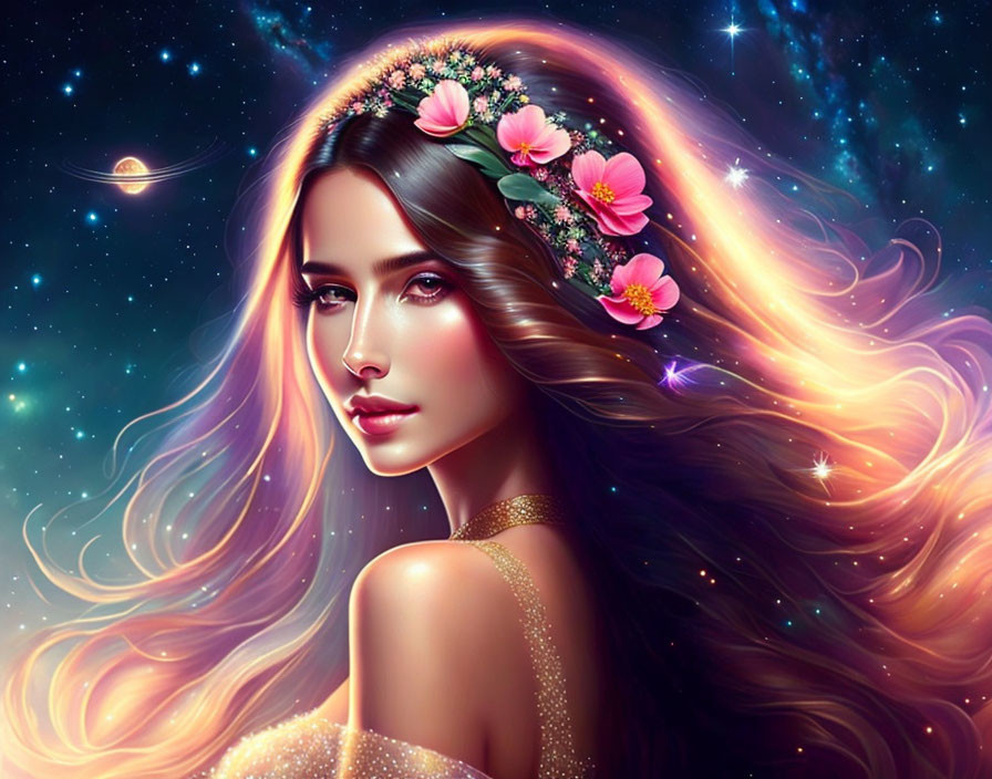 Woman with Flower-Adorned Hair in Cosmic Setting