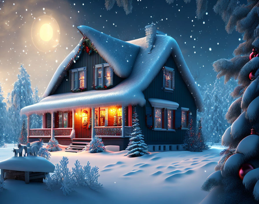 Snow-covered house with warm lights in snowy night scene