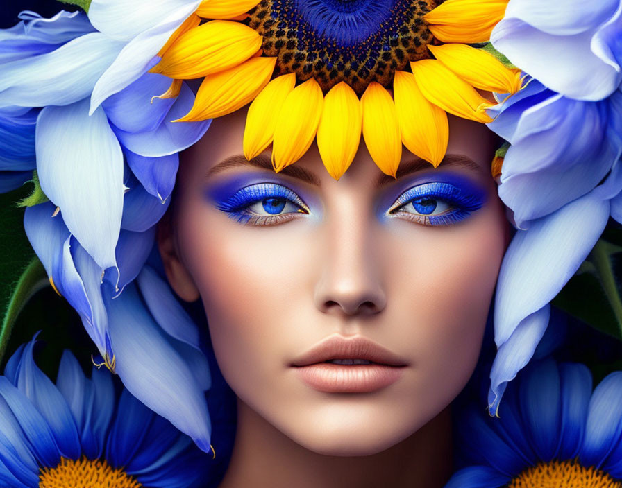 Woman with Vibrant Blue Eye Makeup Surrounded by Sunflowers and Blue Petals